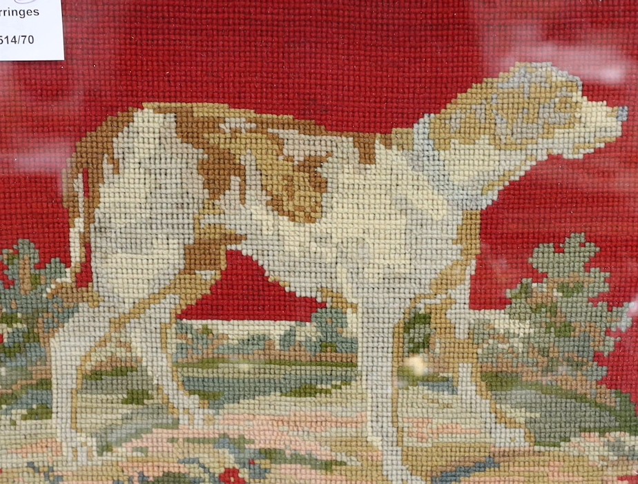 Three framed Victorian wool-work domestic tapestries, including a dog, 20.5 x 30.5 cm